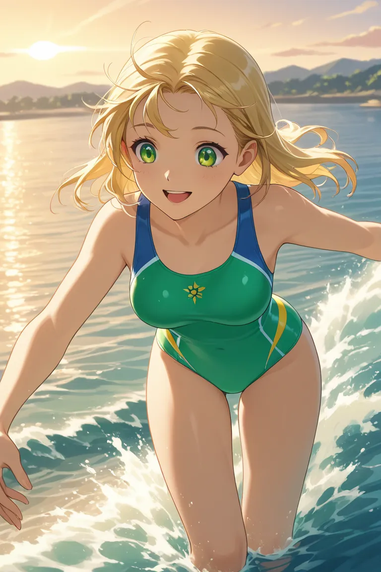 anime, 1girl, blonde hair, green eyes, medium breasts, wearing a futuristic swimsuite, diving into the river, having fun, summer vacation,