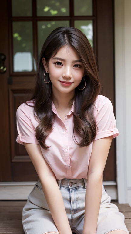 Beautiful girl looking at the viewer ,Sitting in front of the house, put on a pink shirt .Wear a high-waisted denim skirt,, clear white skin, soft cheeks, Smiling charmingly, seeing ,Sharp face,  brown eyes , earring, Long straight hair, brown hair, Korean...