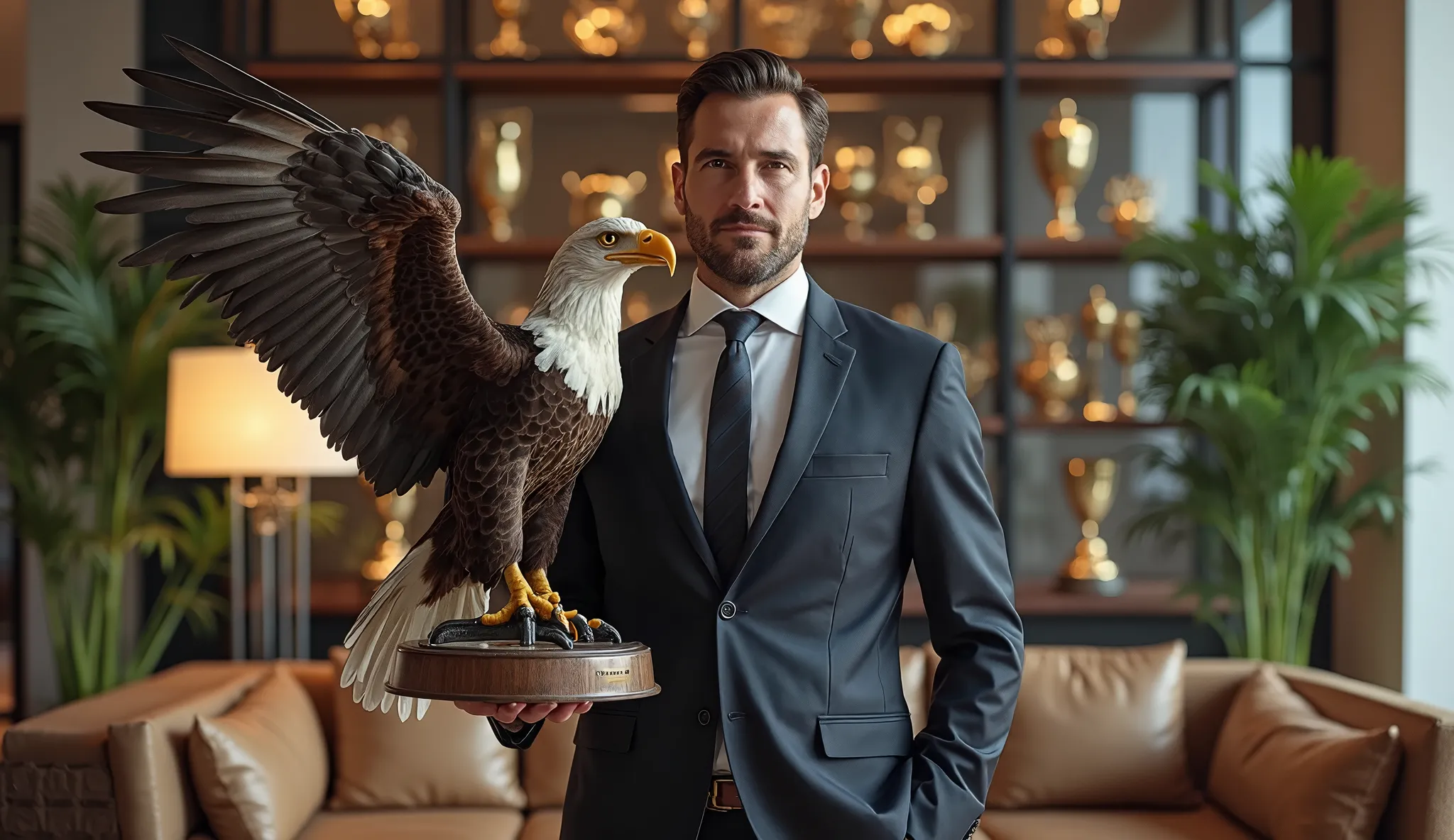 ULTRA REALISTIC — An executive in a suit in his modern glass living room, Madeira, Plants and exquisite trophy filled with trophies holding an eagle on his arm.  convey depth .