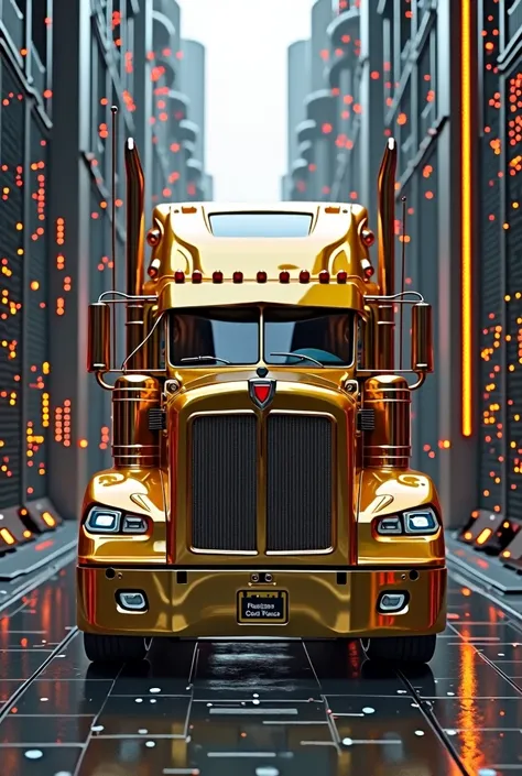 Golden Kenworth truck standing on black electronic circuits and white light, in the background black and orange electronic processors , with a sign with white letters highlighting CHRISTIAN OROZCO