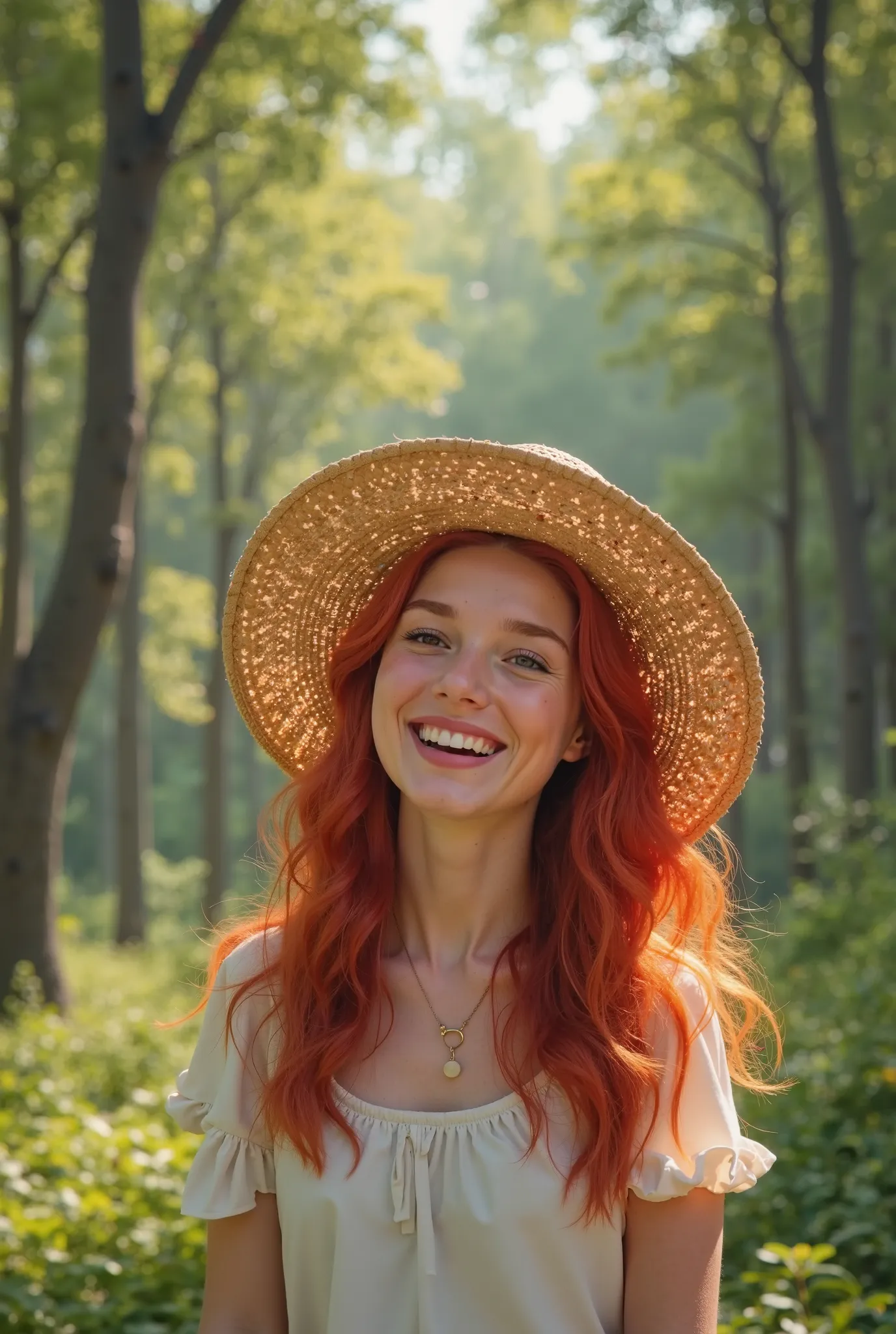 A 20-year-old redheaded woman smiling with a straw hat 
The background is a forest 