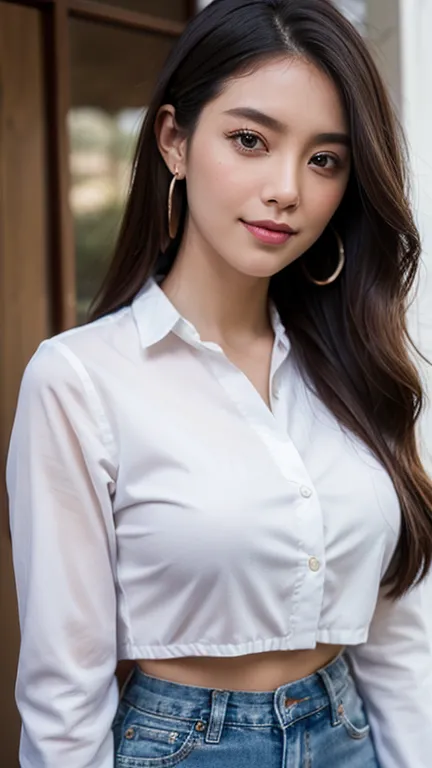 Beautiful girl looking at the viewer ,Sitting in front of the house,Wear a cropped blue single-breasted shirt.Wear a high-waisted denim skirt,, clear white skin, soft cheeks, Smiling charmingly, seeing ,Sharp face,  brown eyes , earring, Long straight hair...