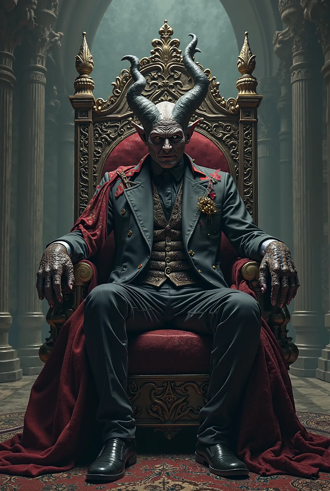 an ancient demon dressed as a nobleman sitting on a throne