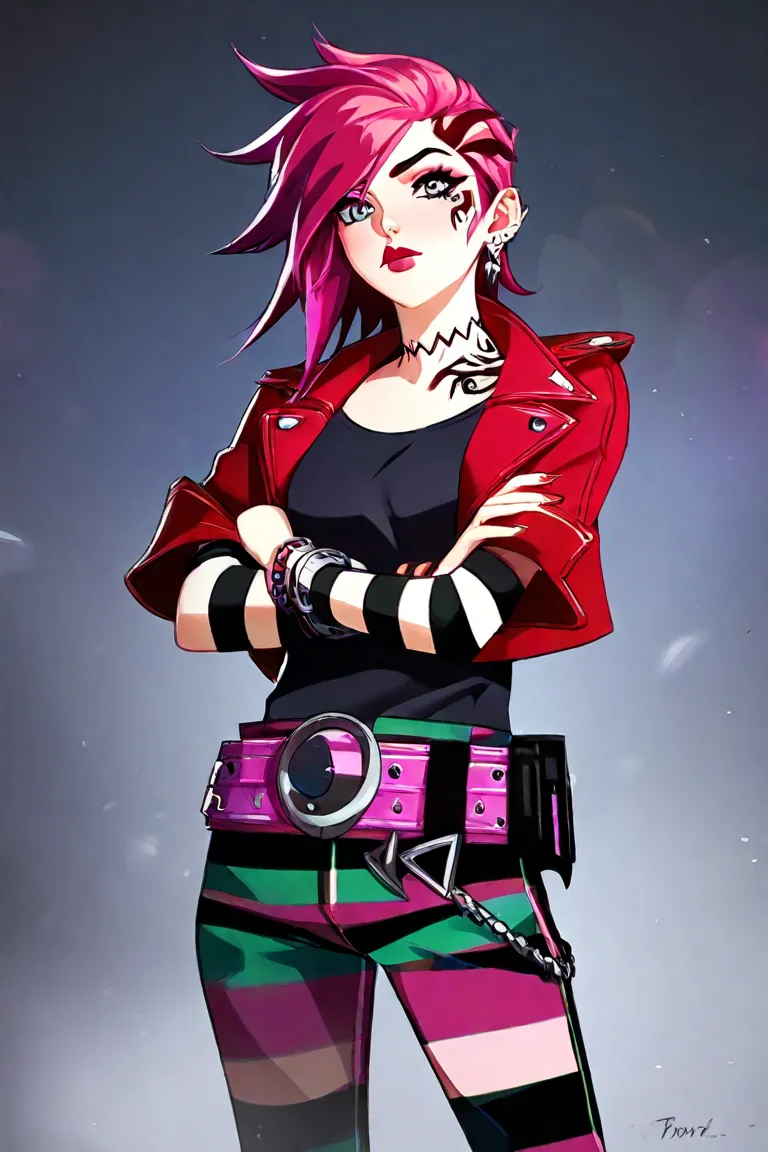 blue-gray eyes, (Us, Us (league of legends):0.6) , pink red hair,  face tattoo ,  tattoo on the neck ,  earrings,  red jacket , bracelets, gray and black t-shirt, striped pants,  belt,  tattoo on the arms , 1 girl, Alone , Alone, masterpiece,  highres