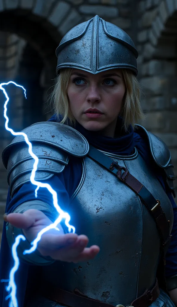 Grainy smartphone photo of a female paladin casting a lightning spell at dusk, captured with raw, candid realism. The scene is drenched in shadows, with the paladin illuminated only by the jagged, electric blue lightning arcing from her outstretched hand. ...