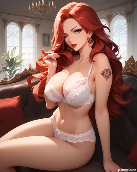 missfortune, 1girl, solo, long hair, breasts, jewelry, earrings, blue eyes, collarbone, tattoo, red lips, bangs, red hair, large breasts,score_9, score_8_up, score_7_up, score_6_up, source_anime, anime, masterpiece, best quality, naked, lace-trimmed bra, l...