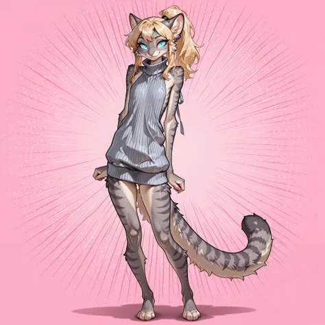 masterpiece, best quality, amazing quality, high resolution, absurdres, newest, solo, countershading, katxl ,adult female, Anthro furry feline, glowing blue eyes, grey striped fur, skinny striped tail, cheek fluff, blonde hair, ponytail, side loc...