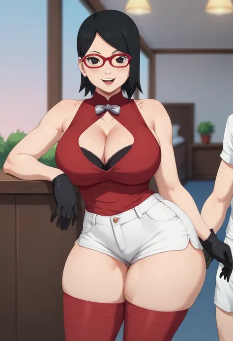 Sarada Uchiha short black hair black eyes red glasses medium tits abdomen sarado sleeveless blouse red thighs big white shorts stockings black socks black gloves big black sexy thighs big thick thighs big sexy thighs big sexy