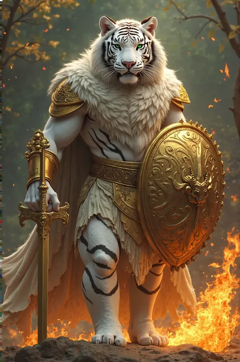 Generate full-body image of a green-eyed human-looking white tiger , with a gold shield.On the left hand is bronze armor, And a flaming golden sword . on the right hand  , with fire on the ground , and a golden bull