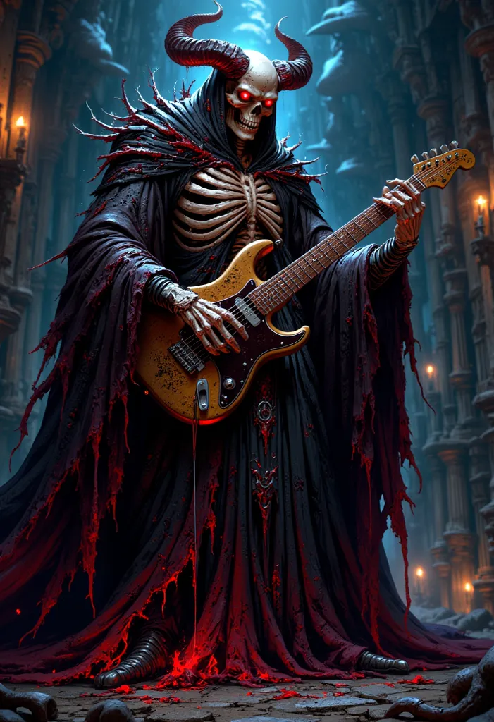 highly detailed, Dark Fantasy,  anime art, a demon with bright red eyes, vibrant, Is a man's head a skull human body, Realistic Dark Concept Art, Playing guitar in a dark place