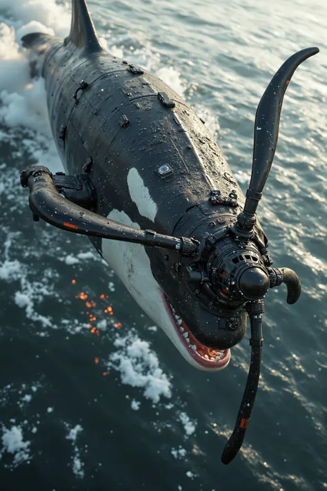 A gigantic orca whale with a large Dangerous Killer rotary propeller engine on the orca whales nose spinning the propeller blades extremely fast rotating speeding up the Propeller Blurring Revving emitting fire with black diesel smoke from the orca whales ...