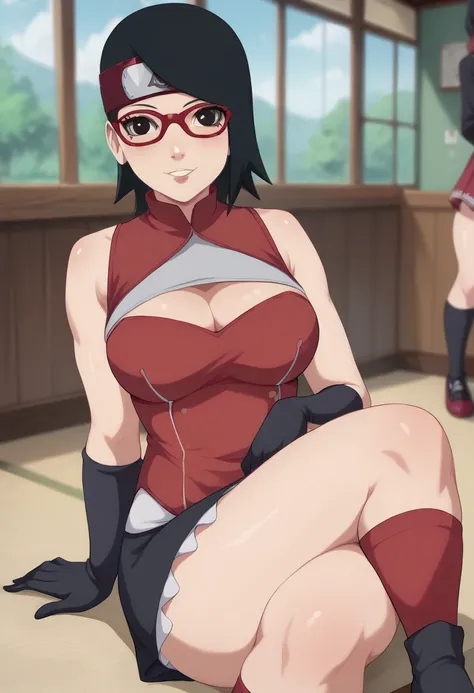 Sarada Uchiha Short Black Hair Eyes Black Glasses Red Medium Boobs Abdomen Sarado Sleeveless Blouse Red Thighs Thick Thighs Big Short White Socks Black Socks Black Gloves Big Sexy Thighs Thick Thighs