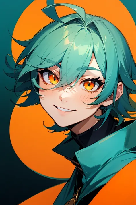 1 boy, Turquoise hair, orange eyes, black cloth, handsome, wearing uniform, orange eye liner, smiling, detailed, detailed eyes, young boy, ahoge