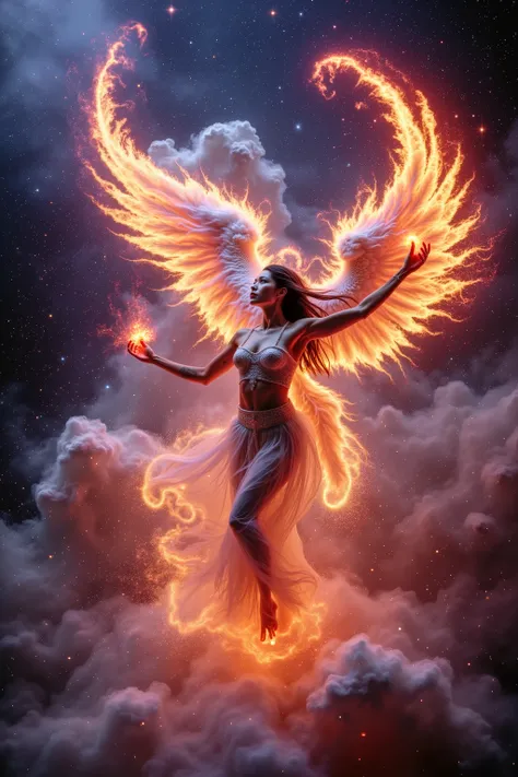 Japanese dance: God who was baptized, sublimated into Phoenix、magic and flame, emitting luminescence, long hair, neon luminescence tattoo, Japanese woman、ULTRA HIGH QUALITY HIGH PRECISION FAR-VIEW、Heaven with an infinite blink and neon effect、fantastic pho...