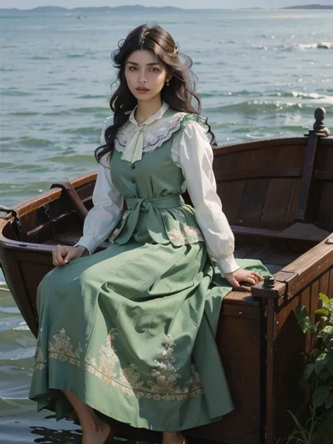 A lovely young woman with dark hair twisted on the sides and then gathered back into a twisted knot and brown eyes, wearing a mint green dress with a pleated boat - style collar that sits on the shoulders and long billowing sleeves and an ankle length skir...