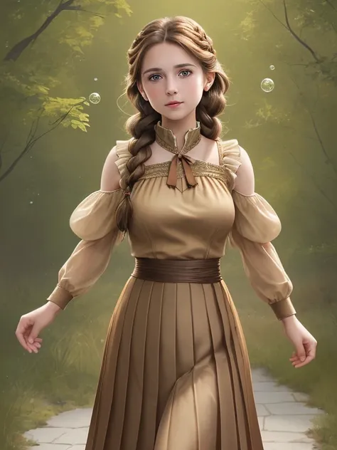 A lovely young woman with light brown hair in a bubble braid and hazel eyes, she wears a brown dress with a wrap bodice and pleated below the elbow sleeves and a calf-length skirt.