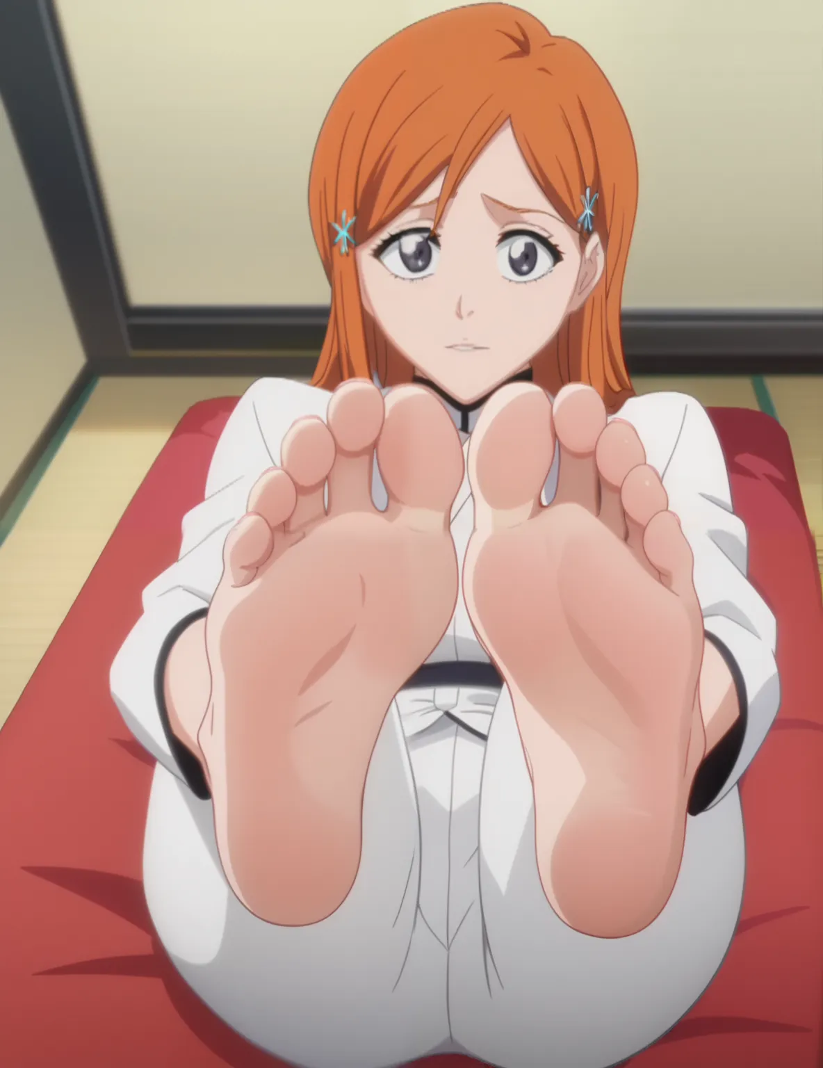 Source_anime, score_9, score_8_up, score_7_up, anime screencap, 8k, absurd res, Inoue Orihime, 1girl, solo, official style, cowboy shot, ANIME SCREENCAP, anime coloring, barefoot, perfect feet, anatomically correct, soles, focal length 35mm, each foot has ...