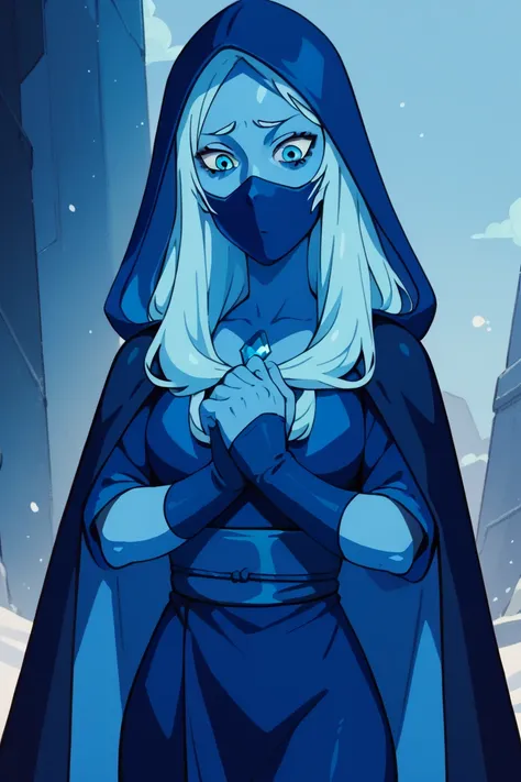 1woman, long hair,pale blue hair, colored skin, blue skin, blue eyes, blue dress, cloak, cape, hood, blue gloves, chest jewel, ninja mask, cape covering body,