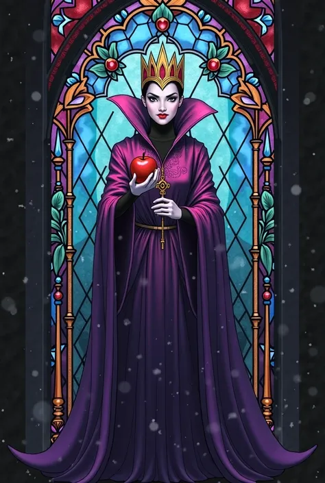 Make an image of the Grimhilde queen, Gothic a drawn style glass window of classic purple dress holding an apple. No hornsssss, she haver beautiful hands and she's hands are ocupped shes have a powerfull face 