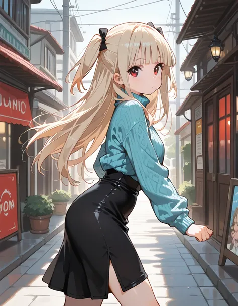 ,sideview,running,solo,14years old,blonde two side up,blunt bangs,natural cosmetic,(looking at viewer),adult cute woman's face,sexy slim,tight-fitting sweater,(long maxi skirt with a high slit),Red light district,day town, (main character: 1.3), lineart+,f...