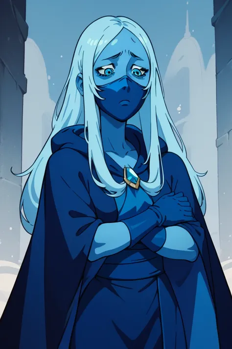 1woman, long hair,pale blue hair, colored skin, blue skin, blue eyes, blue dress, cloak, cape, hood, blue gloves, chest jewel, ninja mask, cape covering body, sad look