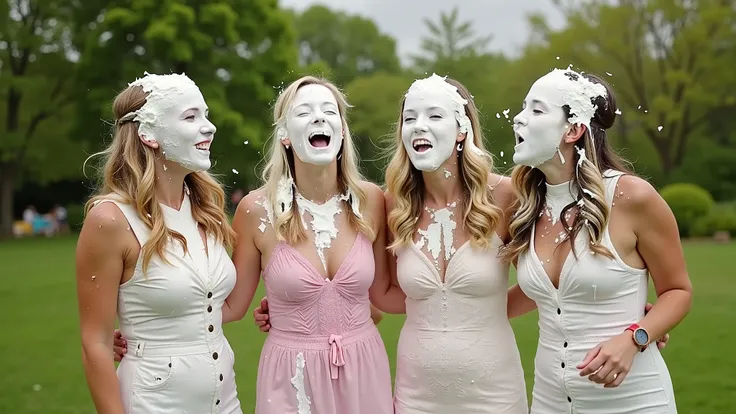 A photorealistic image of four beautiful young women having a pie fight in a garden.