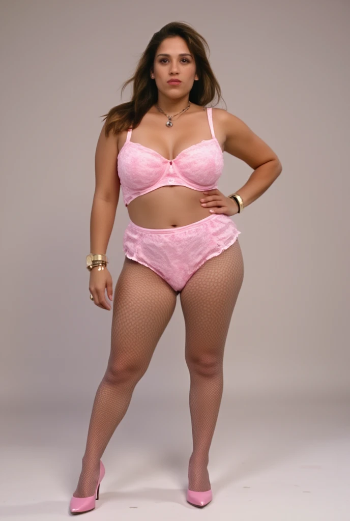 full body, large full natural breasts, curvy thick body, large full natural breasts, fishnet pantyhose, pink lingerie outfit pink patent high heel shoes, 