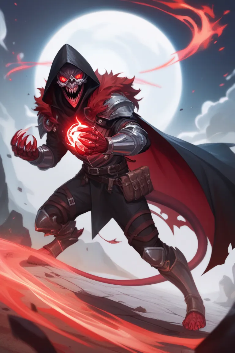 Suit & Appearance:
	•	A black and crimson armored bodysuit with demonic runes inscribed on it, pulsating with shadow energy.
	•	A hood and half-mask resembling a demonic skull with glowing crimson eyes.
	•	Retractable gauntlet claws laced with an anti-magi...