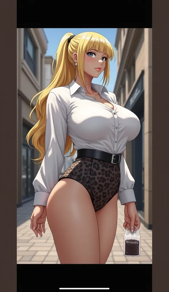 A beautiful anime girl with long blond hair,  tanned skin, detailed eyes, Nose, my lips, wearing a jaguar leather blouse, in thong,  on a street corner, with a bag highlighting condoms, the best quality,4k,8K, highres,masterpiece:1.2),ultra-detailed,( Real...