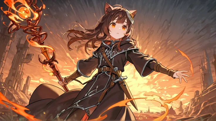 A one young cat girl adventurer with cold look, long dark brown hair and amber eyes. In dark robe and with staff in hands and dagger on the belt. Around the head of the staff is faint scarlet glow. Put the landscape of the fantasy European style city on th...