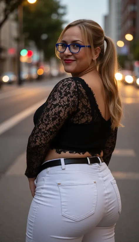 Amateur photo, sharp detail, bokeh, very realistic. Evening. Dramatic low angle looking up at subject as she stands looming over the viewer. A beautiful curvy caucasian woman, smile lines, wrinkles, glasses with thick royal blue round frames, 47 years old,...