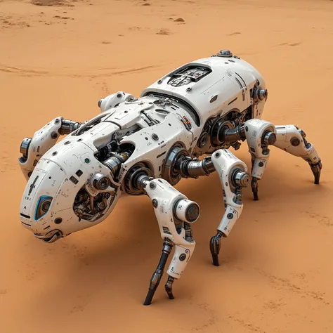 "Realistic, white armed beetle fixed turret with long 120 mm caliber gun, futurist, Of a dirtier, dusty white color due to the sandy terrain, seen from above, positioned on Mars terrain, Flying beetle, with technological details and evident mechanical stru...