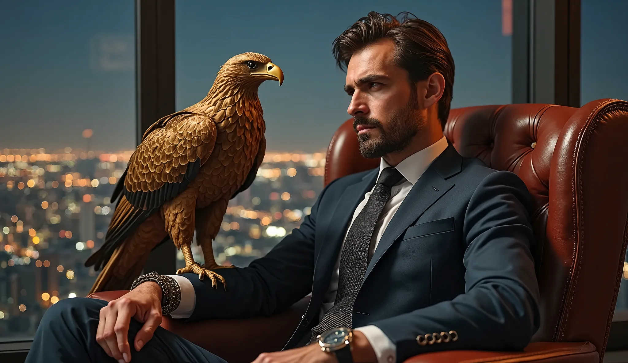 ULTRA REALISTIC IMAGE — In a high-end office with panoramic windows overlooking a city illuminated at night, an entrepreneur in an impeccable suit sits in a leather armchair. Over his right arm, a golden eagle rests majestically, while he holds a luxury wa...