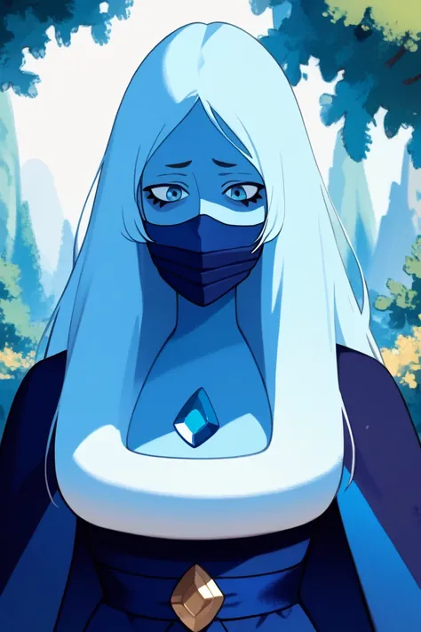 1woman, long hair,pale blue hair, colored skin, blue skin, blue eyes, blue dress, long cloak, cape, hood, chest jewel, ninja mask covered mouth, sad look, forest, city, High Resolution, Masterpiece, cloak covered entire body, Best Quality, 