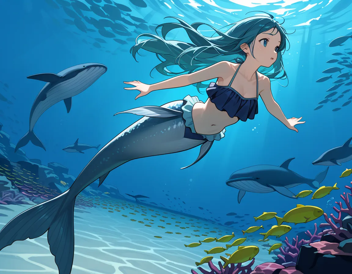 A mermaid swimming deep underwater, schools of fish, a whale in the background, extremely detailed,