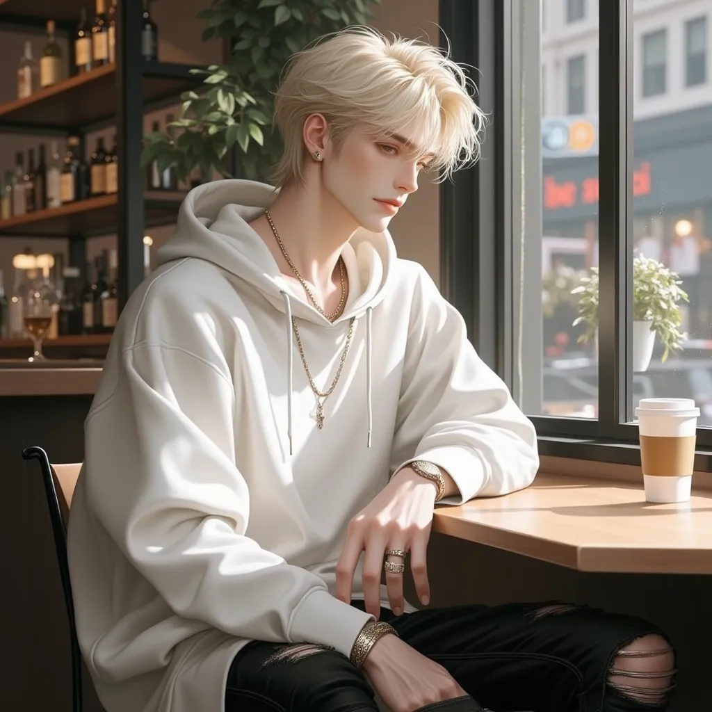 A stylish young K-pop idol with platinum blonde hair, casually dressed yet effortlessly chic. He wears an oversized white hoodie, ripped black jeans, and designer sneakers. A silver chain necklace rests against his collarbone, and his multiple ear piercing...