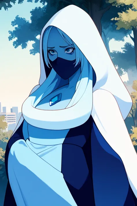 1woman, long hair,pale blue hair, colored skin, blue skin, blue eyes, blue dress, long cloak, cape, hood, chest jewel, ninja mask covered mouth, sad look, forest, city, High Resolution, Masterpiece, cloak covered entire body, Best Quality, 