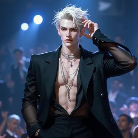 A charismatic male K-pop idol performing on stage, captured in a candid moment. He has platinum blonde, slightly tousled hair, deep brown eyes, and a sharp jawline. Wearing a sleek, structured black blazer with sheer sleeves, layered silver necklaces, and ...