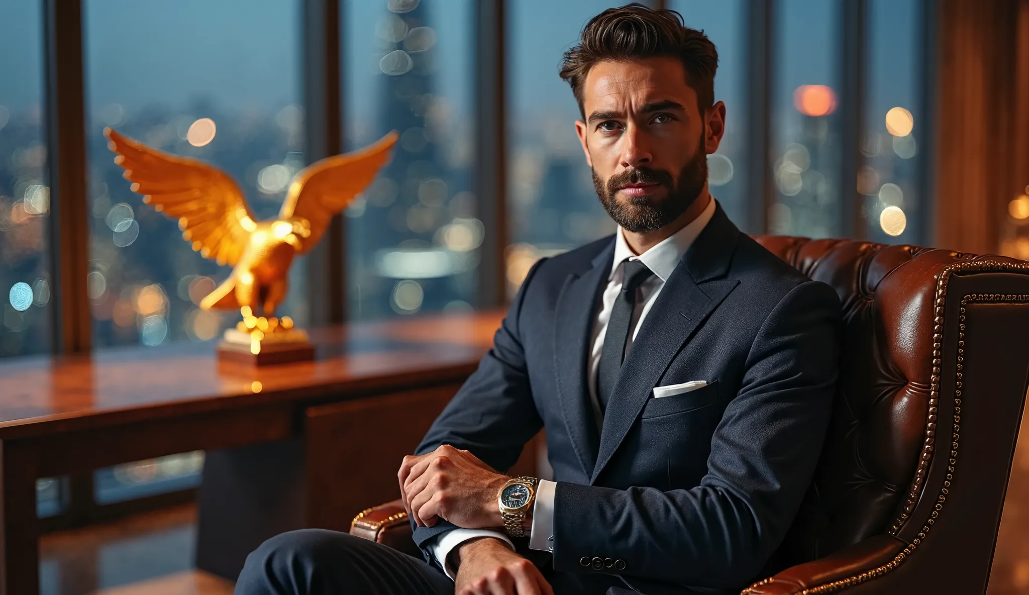 ULTRA REALISTIC IMAGE — In a high-end office with panoramic windows overlooking a city illuminated at night, an entrepreneur in an impeccable suit sits in a leather armchair. Over his right arm, a golden eagle rests majestically, while he holds a luxury wa...