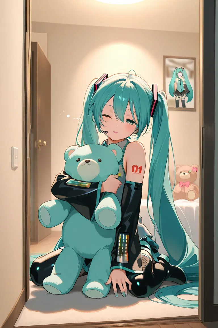 Hatsune Miku, who looks young、 in the room、Waking up、Dragging a stuffed bear