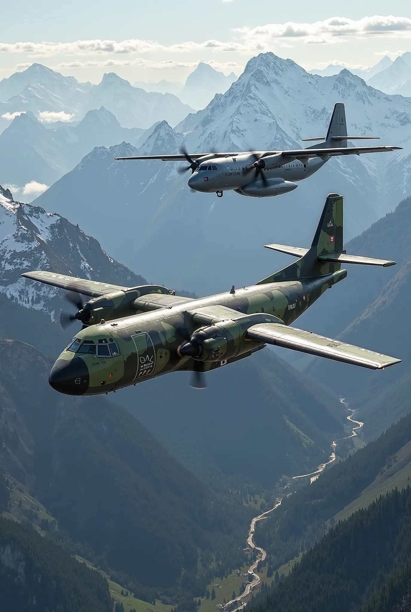 A C27J Spartan and an L410 E20 fly together over the High Tatras in Slovakia in Slovak Air Force camouflage.