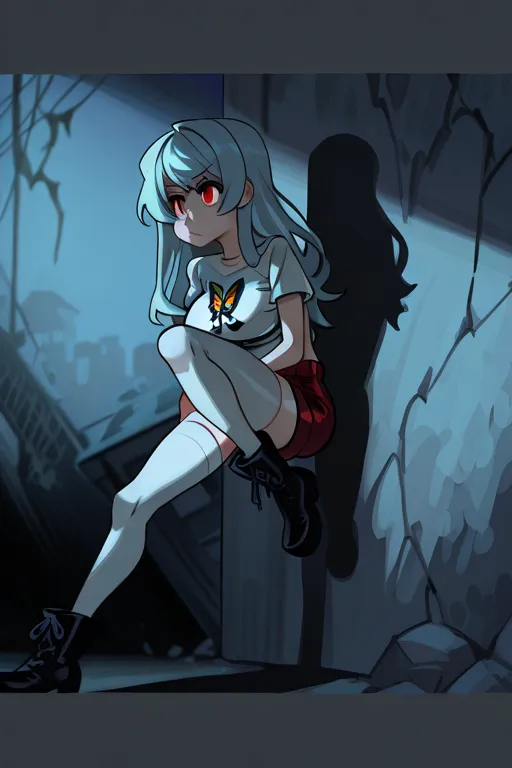 1 woman,   Whole body,  looking from the side to the front,   looking over the shoulder , large breasts,   slim waist,  light blue hair,   long hair,   red eyes , butterfly brooch ,   short t-shirt,   white t-shirt, ,   black tie,  red shorts ,   white soc...