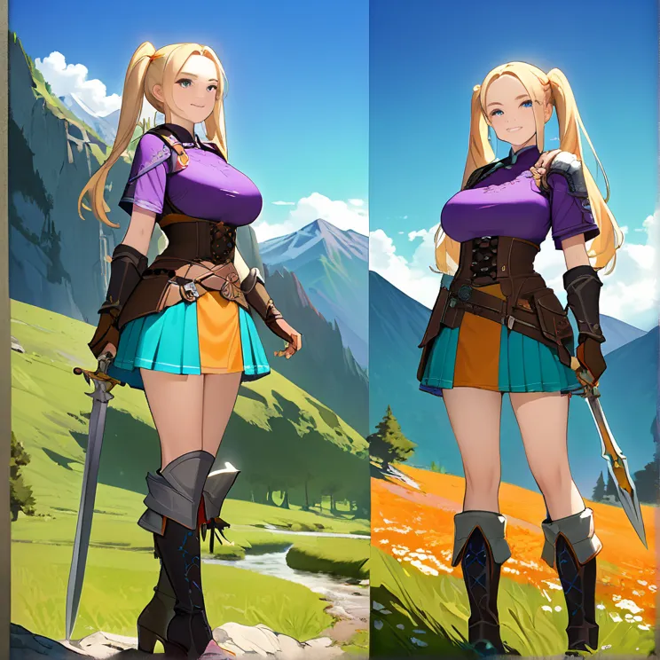 Masterpiece, HD, high resolution, high quality, best quality, super detailed. Solo character alone, multiple views. epic high Fantasy art.
{{(A 20-years-old norse_rogue_youngwoman:(appearance: Medium-blonde_golden_hair-tied_in_two_high_twintails. fair-skin...