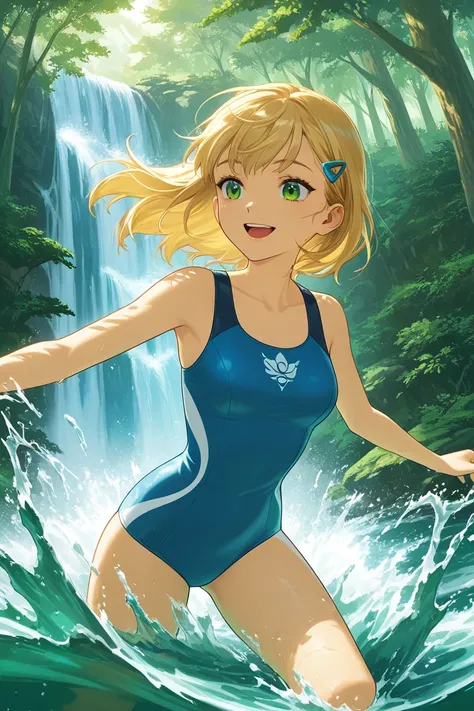 anime, 1girl, blonde hair, green eyes, wearing a futuristic swimsuite,  diving into the wild river, splashing, having fun, summer vacation, the water is reflecting the sunlight, waterfall in the forest