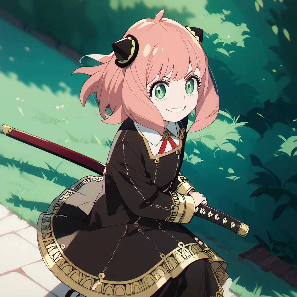 ( best quality of wells)), ((masterpiece)),Anya forger, 1girl ,Alone,dress,hairpods,gold trim, red ribbon,smile,black dress,school uniform,collared shirt,eden academy school uniform,hoge,meme,Battoujutsu