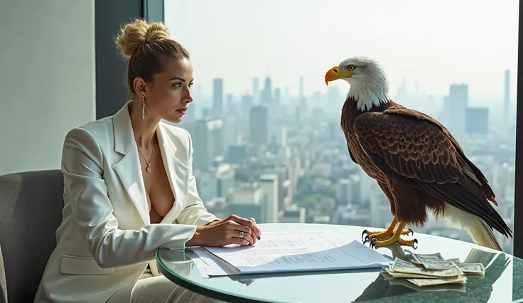 ULTRA REALISTIC IMAGE — A powerful woman, dressed in an elegant white suit, is in a million-dollar penthouse overlooking the city. On a glass table next to you, there are piles of money and signed contracts. An eagle perches next to the documents, represen...