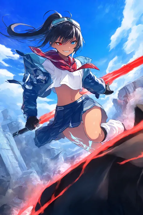 score_9, score_8_up, score_7_up, score_6_up, score_5_up, score_4_up,anime artwork masterpiece,best quality, unreal engine, ultra res, extremely detailed, One Girl,black hair,high ponytail hair,heterochromia,,tan skin,soldier goggles on head,blue sailor sui...