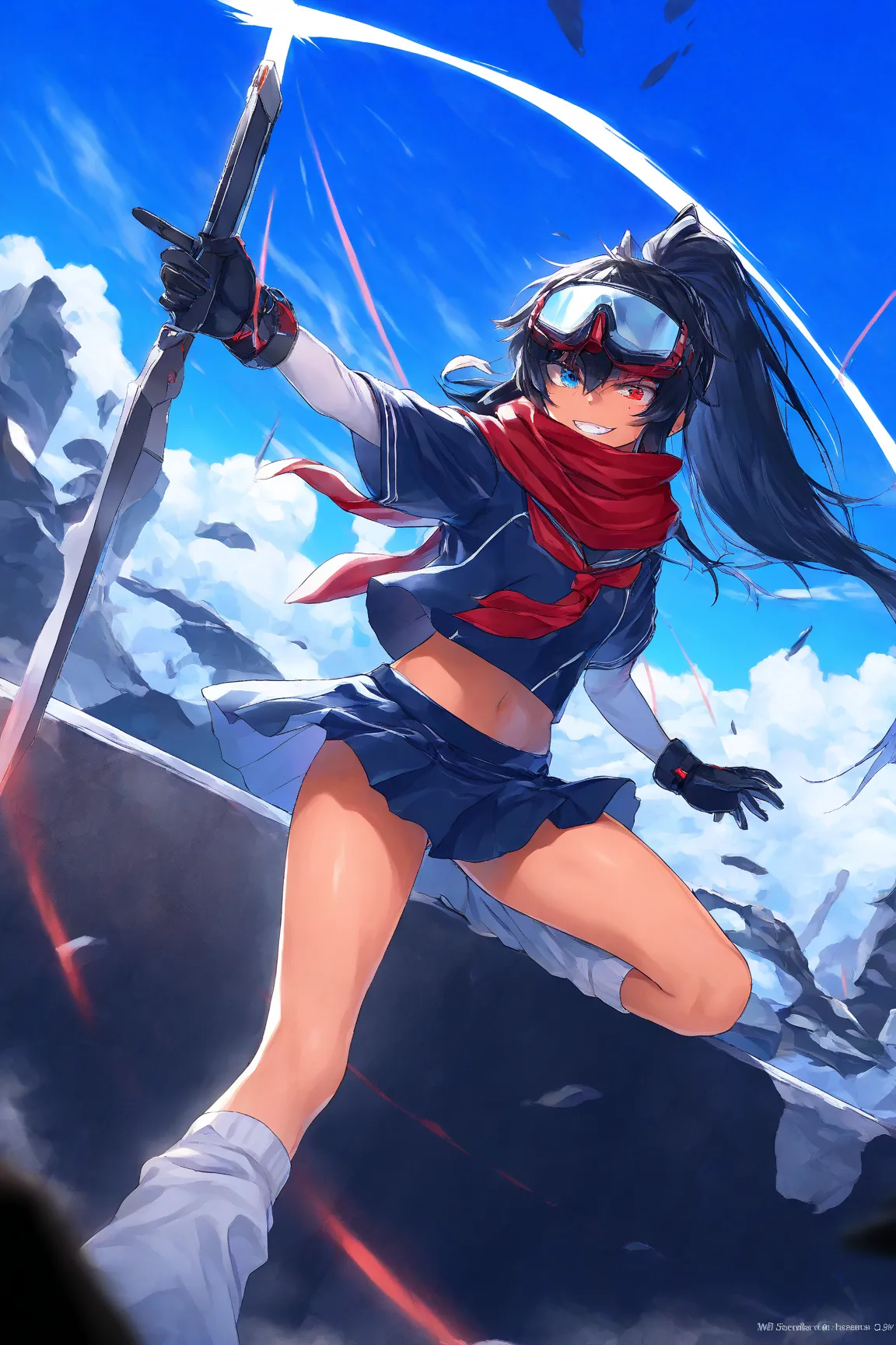 score_9, score_8_up, score_7_up, score_6_up, score_5_up, score_4_up,anime artwork masterpiece,best quality, unreal engine, ultra res, extremely detailed, One Girl,black hair,high ponytail hair,heterochromia,,tan skin,soldier goggles on head,blue sailor sui...