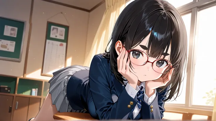 high definition, 1 girl, medium breasts、 school uniform、 black hair、medium hair、wearing glasses、 raise my eyebrows