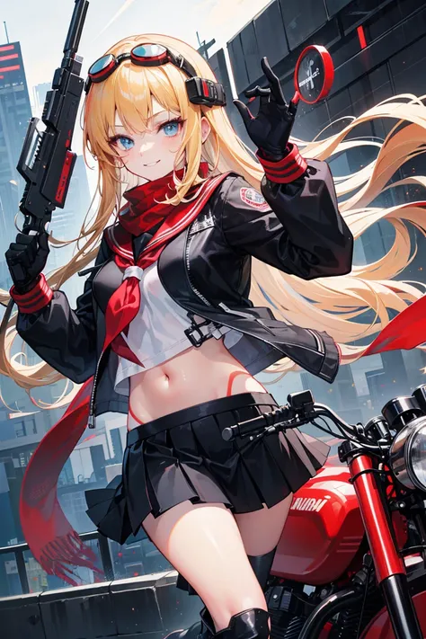 score_9, score_8_up, score_7_up, score_6_up, score_5_up, score_4_up,anime artwork masterpiece,best quality, unreal engine, ultra res, extremely detailed, One Girl,blonde hair,long hair,blue eyes,glowing eye trail,tan skin,biker goggles on head,black sailor...